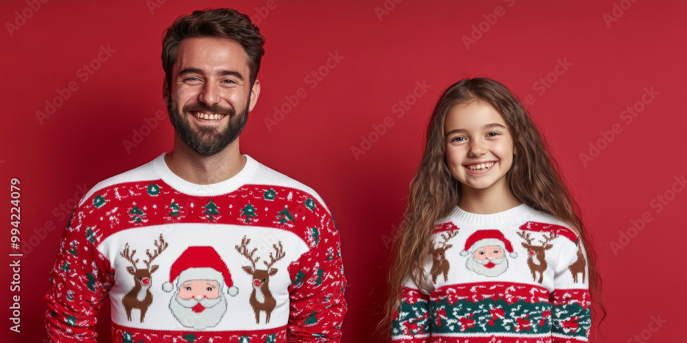Smiling man and girl in Christmas ugly sweaters standing against color background Smiling man and girl in Christmas ugly sweaters standing against color background
