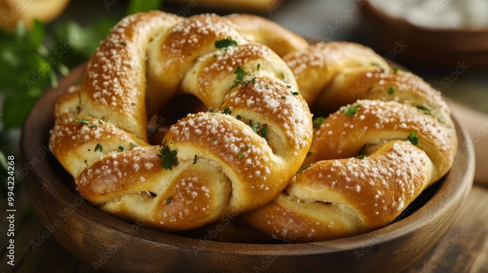 Freshly baked soft pretzels with salt and parsley in a wooden bowl. Freshly baked soft pretzels with salt and parsley in a wooden bowl.