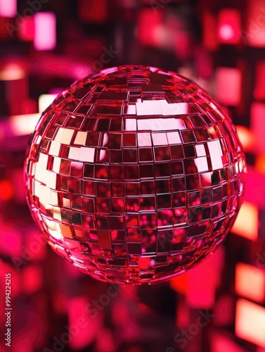 Vibrant 3D red disco ball with a shiny finish featuring a 2D cartoon fractal design in a dazzling abstract style Perfect for gala themed artwork photo