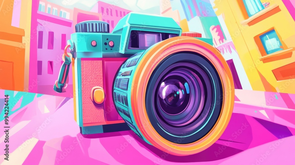Obraz premium Bright and whimsical camera shutter design in a stylized 2D cartoon illustration