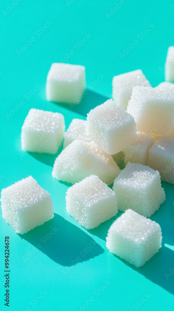 Sugar cubes stacked on turquoise background Sugar cubes stacked on turquoise background
