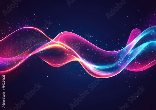 Glowing abstract wave in a dark shimmering motion creating a magical space light effect 2D cartoon techno inspired background design