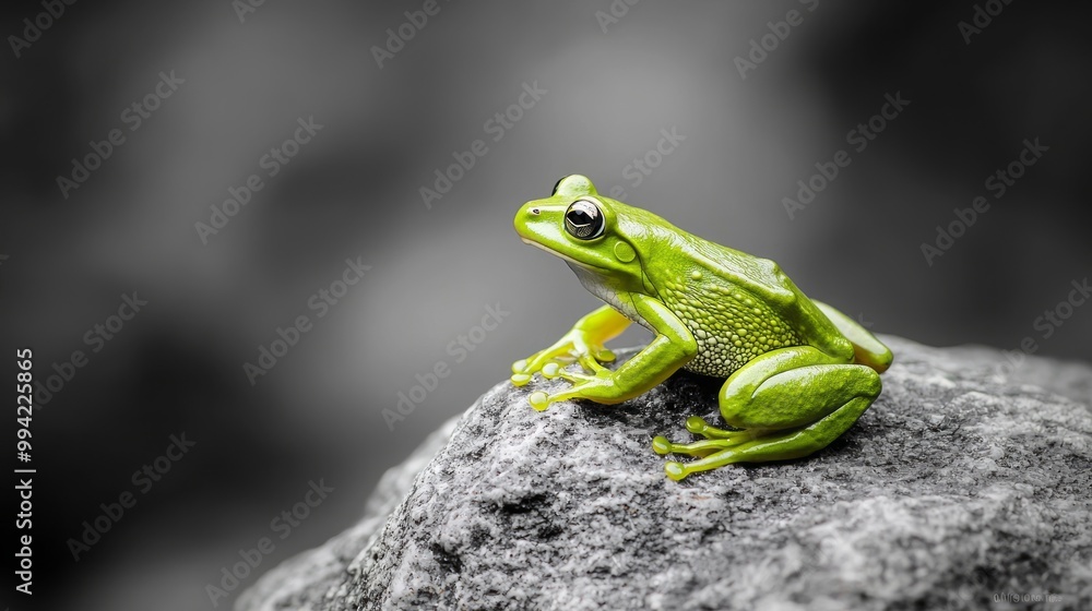 Naklejka premium Vibrant Green Frog Standing Out on Gray Rock