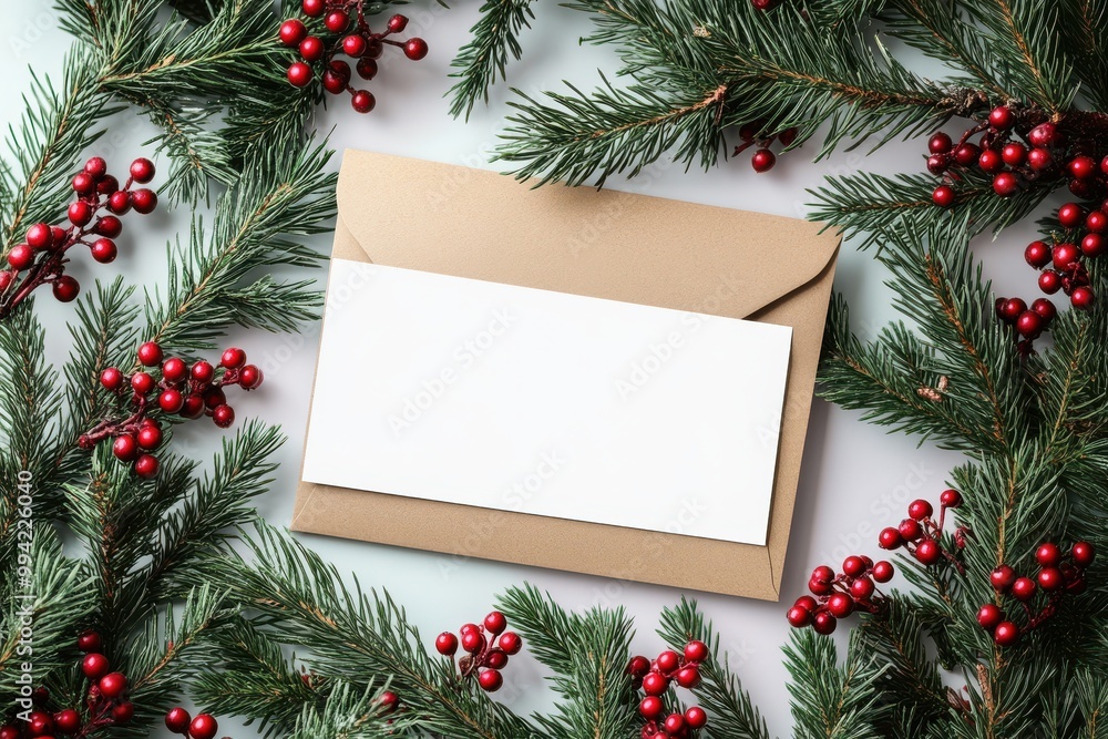 Envelope with pine branches and red berries, Christmas holiday theme
Envelope with pine branches and red berries, Christmas holiday theme