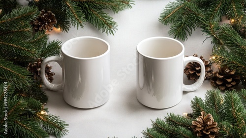 Pair of White Mugs Mockup Surrounded by Christmas Pine Wreath