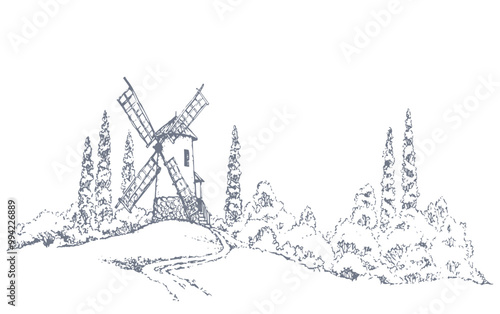 Vector drawing. The outline of the summer landscape with mill