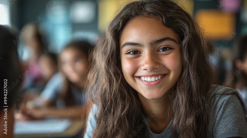 a high school student smiling in a classroom during a group project as classmates collaborate on schoolwork fostering teamwork and educational success in a learning environment a high school student smiling in a classroom during a group project as classmates collaborate on schoolwork fostering teamwork and educational success in a learning environment