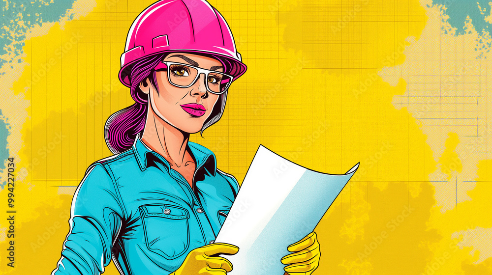 © retrostudio - Pop art concept woman architect with hard pink helmet holding blueprint