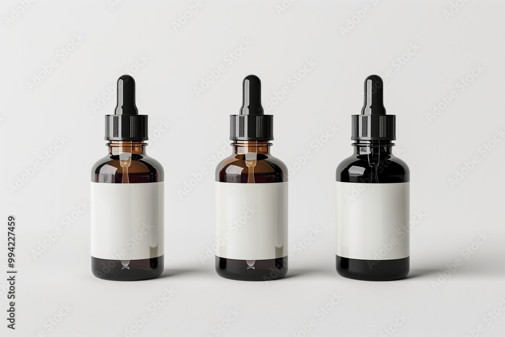 3 empty black amber glass dropper bottles with blank white label mockups, white background, straight view 3 empty black amber glass dropper bottles with blank white label mockups, white background, straight view
