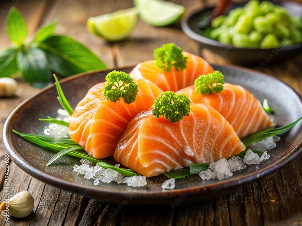 Fresh Salmon Sashimi on a Plate with Wasabi and Ginger Garnish in a Bright Culinary Presentation Fresh Salmon Sashimi on a Plate with Wasabi and Ginger Garnish in a Bright Culinary Presentation