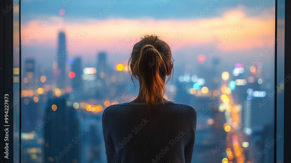 young woman in an apartment building looking out of her window at the city skyline with glass reflections and the vast cityscape with tall buildings in the distance young woman in an apartment building looking out of her window at the city skyline with glass reflections and the vast cityscape with tall buildings in the distance