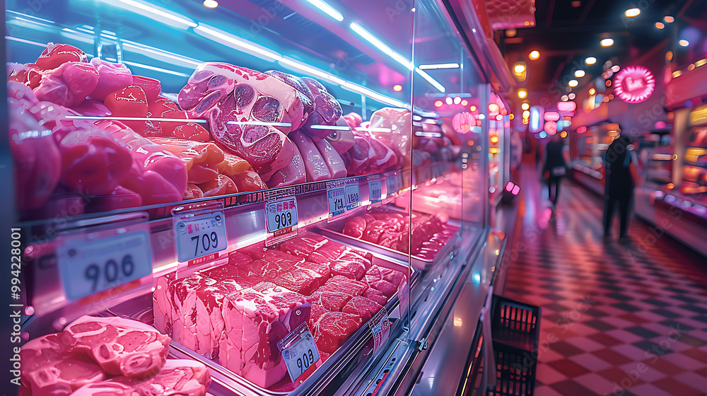 Meat aisle with various cuts displayed in a refrigerated grocery section. close-up of a meat fridge in a grocery store filled with various cuts of fresh meat various cuts of beef, pork and other meats Meat aisle with various cuts displayed in a refrigerated grocery section. close-up of a meat fridge in a grocery store filled with various cuts of fresh meat various cuts of beef, pork and other meats