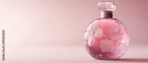 Beautiful pink perfume bottle with floral design, ideal for beauty and cosmetics themed projects, background with copy space photo