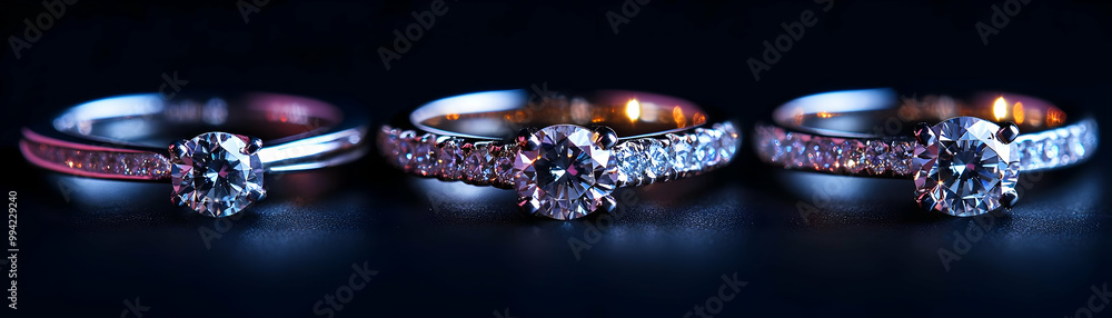 Three Sparkling Diamond Rings on a Dark Background Three Sparkling Diamond Rings on a Dark Background