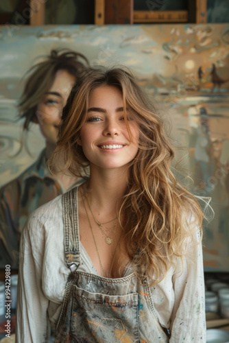 Free Download Happy artist young woman standing and posing in workshop studio interior on different portraits background. - GFXLoad