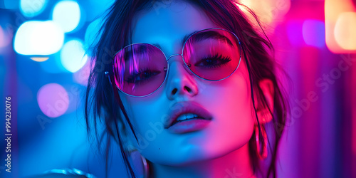 Woman with Round Sunglasses Poses Under Blue and Pink Lights