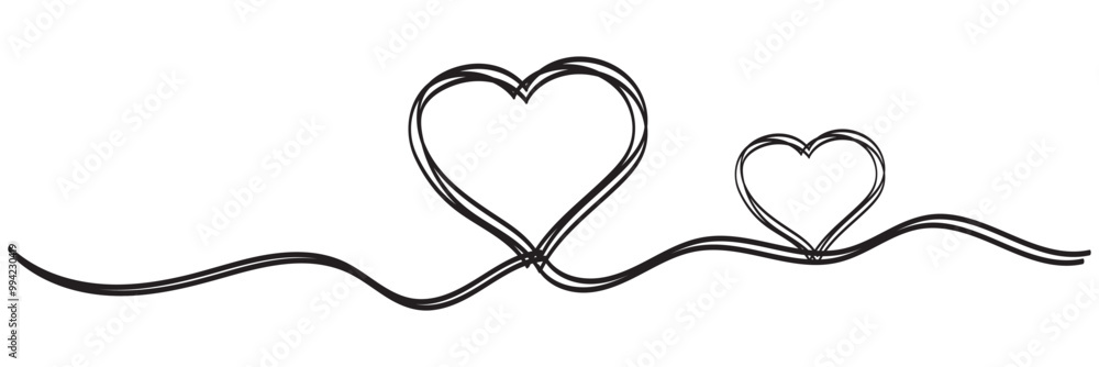 Fototapeta premium Love heart shapes continuous one line drawing of Isolated outline vector art white background