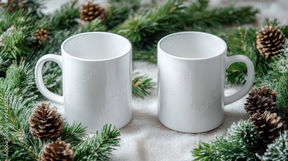 Pair of White Mugs Mockup Surrounded by Christmas Pine Wreath Pair of White Mugs Mockup Surrounded by Christmas Pine Wreath