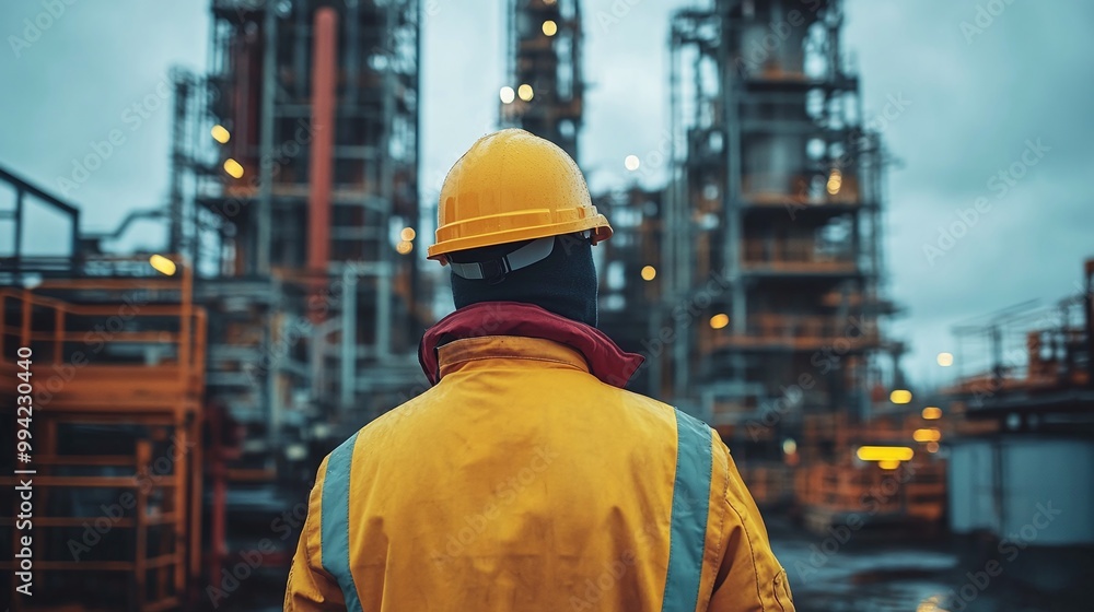 man in safety gear with hard hat supervising a tower construction project, emphasizing protection and compliance at the industrial site man in safety gear with hard hat supervising a tower construction project, emphasizing protection and compliance at the industrial site