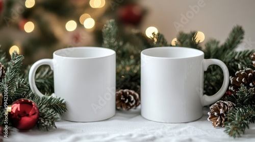 Wallpaper Mural Pair of White Mugs Mockup Surrounded by Christmas Pine Wreath Torontodigital.ca