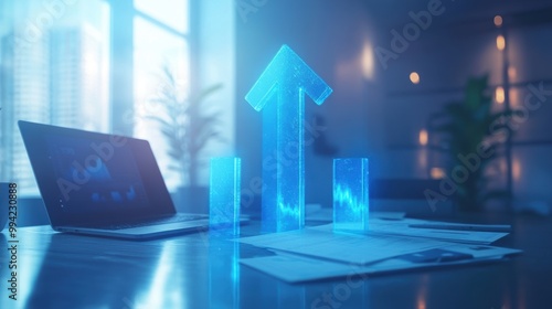 3D Blue Arrow Rising in Modern Office Environment