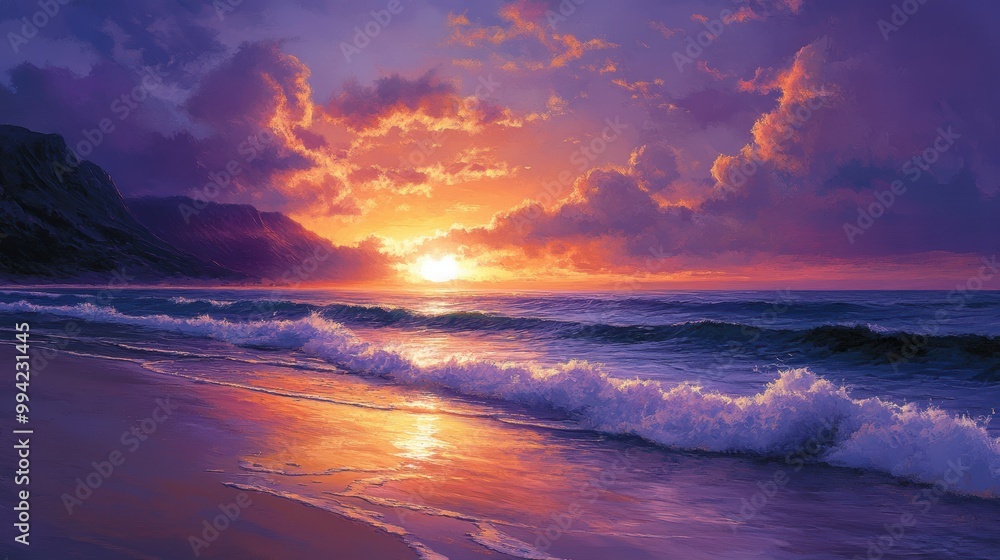 Tranquil Beach Scene at Dawn with Gentle Waves Tranquil Beach Scene at Dawn with Gentle Waves