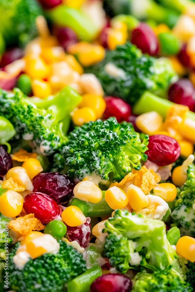 fresh broccoli salad with cheese, cranberries, corn, and crunchy toppings fresh broccoli salad with cheese, cranberries, corn, and crunchy toppings