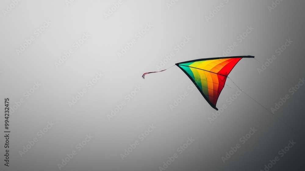 Vibrant Kite Flying Against Gray Sky - Contrast of Color and Monochrome Background Vibrant Kite Flying Against Gray Sky - Contrast of Color and Monochrome Background
