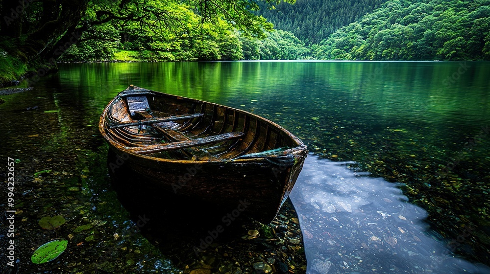 A small boat bobbing atop a winding river, surrounded by a dense forest brimming with verdant foliage A small boat bobbing atop a winding river, surrounded by a dense forest brimming with verdant foliage