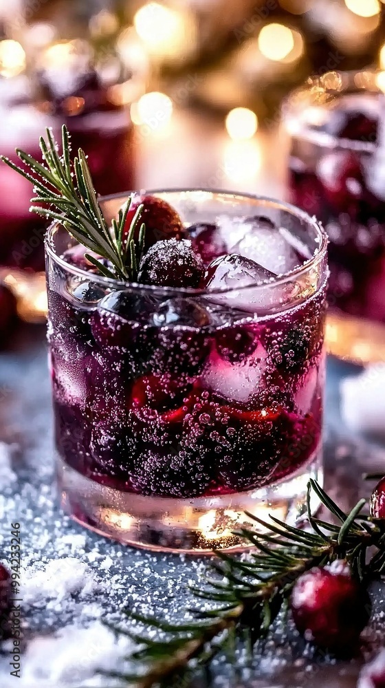 Close-up of a drink in a glass with ice and cranberries on a Christmas-lit table Close-up of a drink in a glass with ice and cranberries on a Christmas-lit table