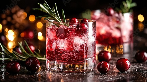  Closer look at a drink in a glass with cranberries and a sprig of rosemary