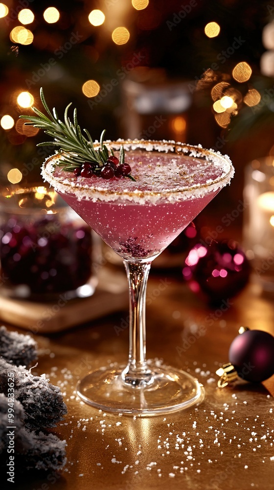 Pink cocktail with a sprig of rosemary in a goblet on the table Pink cocktail with a sprig of rosemary in a goblet on the table