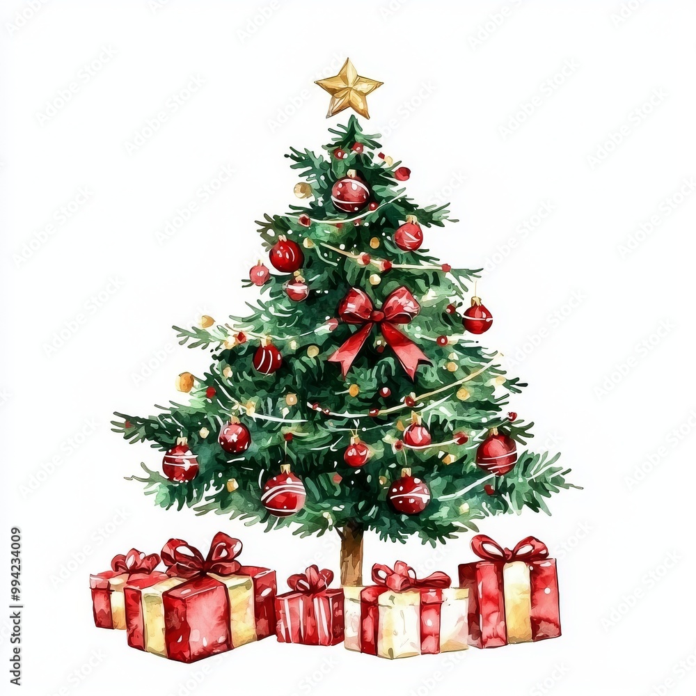 Stock illustration of a watercolor christmas tree with gift boxes and presents. Stock illustration of a watercolor christmas tree with gift boxes and presents.