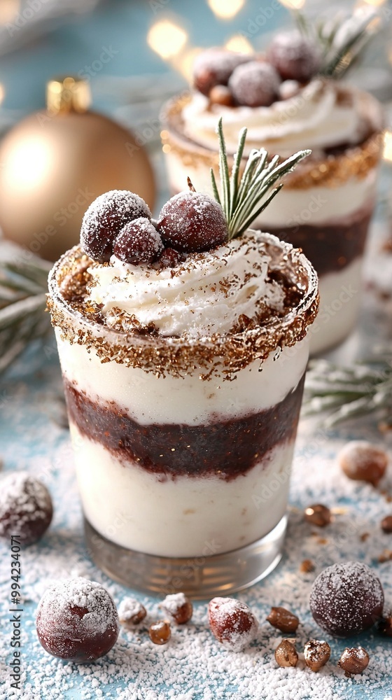 Two desserts atop a powdered sugar-covered table, garnished with rosemary Two desserts atop a powdered sugar-covered table, garnished with rosemary