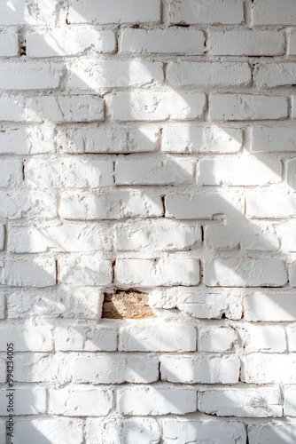 A clean and modern design, the minimalistic white brick wall with shadows from natural light creates a sleek and contemporary backdrop.