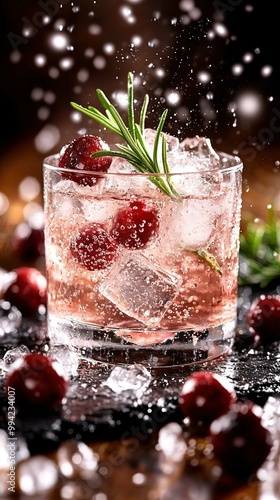  A glass filled with ice, topped by a sprig of rosemary, rests on a nearby table amidst cranberries