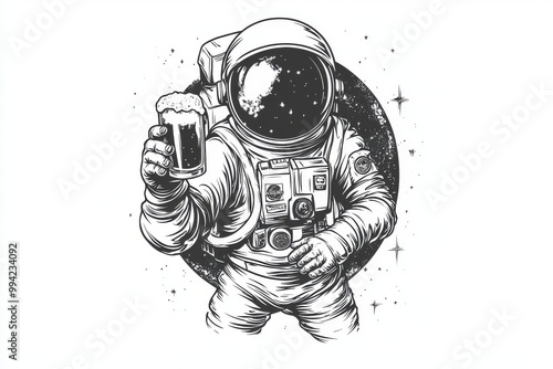 Printed design for t-shirts or mugs of an astronaut holding beer in space.