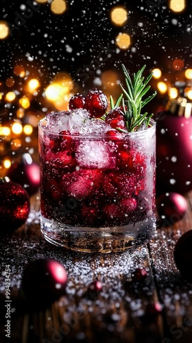  A close-up of a drink in a glass with ice and cranberries on a Christmas-lit table