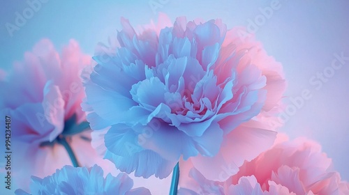  A collection of pink and blue blossoms against a blue-pink backdrop, with a blue sky as the distant backdrop