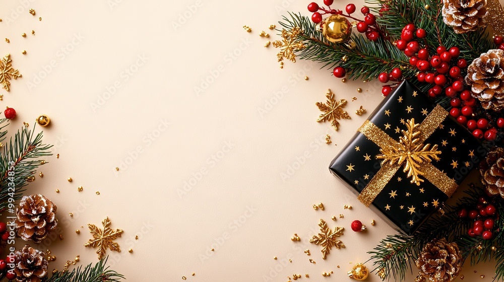 Wrapped in black paper, Christmas gift on a beige background with gold stars & decorations Wrapped in black paper, Christmas gift on a beige background with gold stars & decorations