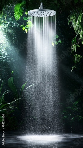 Fototapeta Naklejka Na Ścianę i Meble -  Luxurious rainfall shower in tropical jungle setting with sunlight and lush green foliage