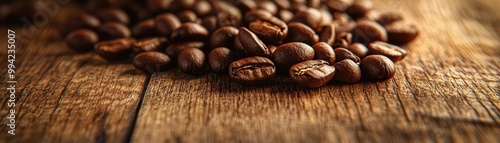 A detailed shot of fresh coffee beans spilling across a wooden surface, showcasing rich brown tones and textures, with a background exuding aromatic warmth and comfort.