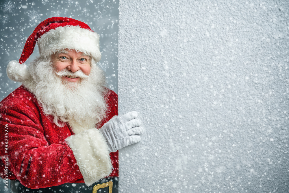 Santa Claus Holding Blank Snowy Wall for Holiday Messages, Smiling Santa Claus holding a blank snow-covered wall in a festive winter scene. Ideal for Christmas promotions, Christmas Concept
Santa Claus Holding Blank Snowy Wall for Holiday Messages, Smiling Santa Claus holding a blank snow-covered wall in a festive winter scene. Ideal for Christmas promotions, Christmas Concept