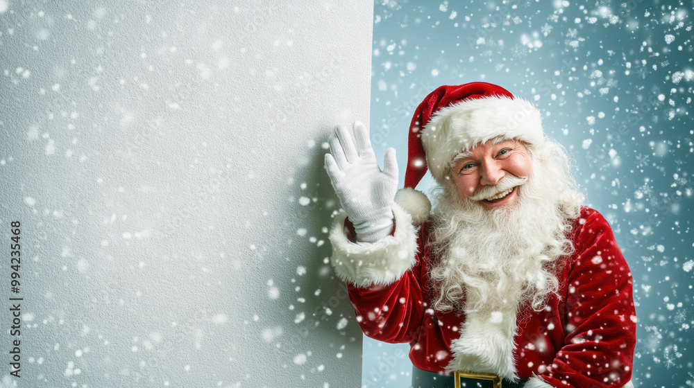 Santa Claus Waving Next to Blank Snowy Wall in Winter Scene, Smiling Santa Claus waving with one hand while standing beside a blank snow-covered wall in a festive winter setting. Christmas Concept Santa Claus Waving Next to Blank Snowy Wall in Winter Scene, Smiling Santa Claus waving with one hand while standing beside a blank snow-covered wall in a festive winter setting. Christmas Concept