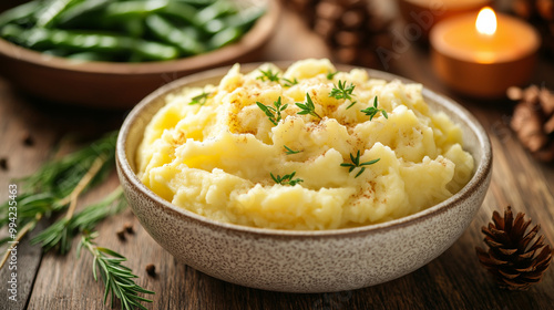 Creamy Mashed Potatoes with Green Herbs, Plated and Ready to Serve at a Cozy Family Thanksgiving Dinner