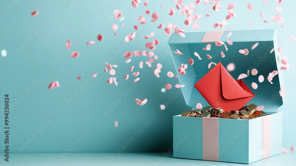 Blue box with pink confetti falling and red envelope on top Blue box with pink confetti falling and red envelope on top