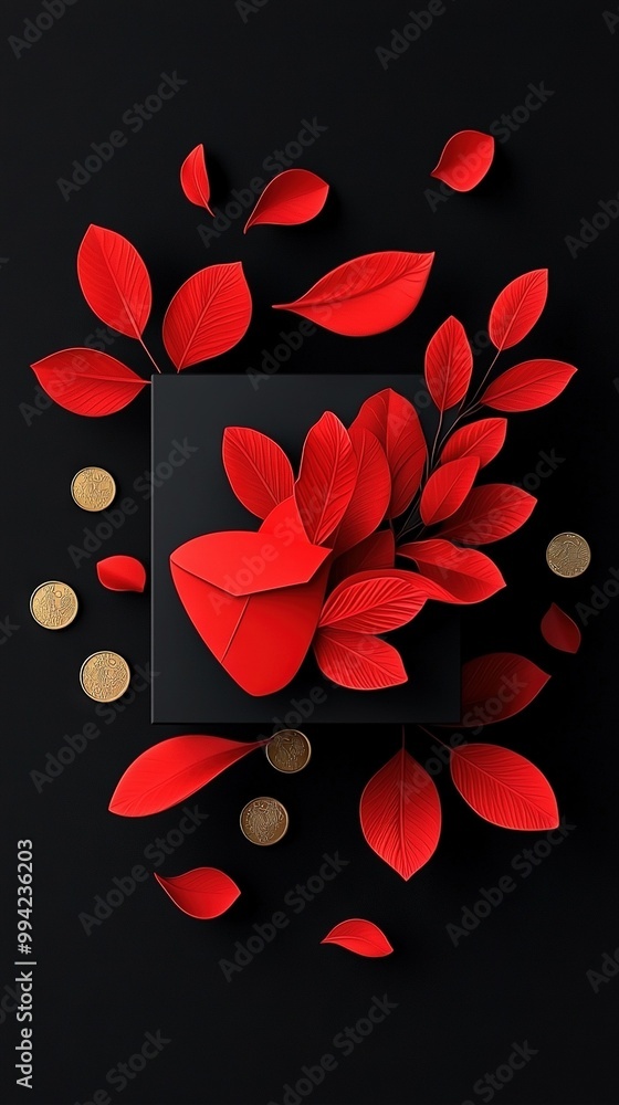 A black box with red paper flowers and gold coins on a black background A black box with red paper flowers and gold coins on a black background