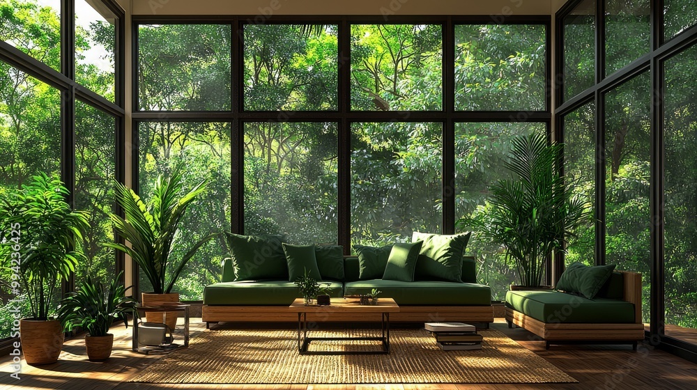 It features lots of natural light, lush indoor plants, and sustainable materials to create a peaceful and eco-friendly atmosphere.