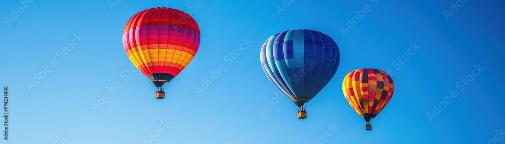 Naklejka premium Brightly colored hot air balloons floating across a clear blue sky, vibrant patterns in flight, background, joyful adventure
