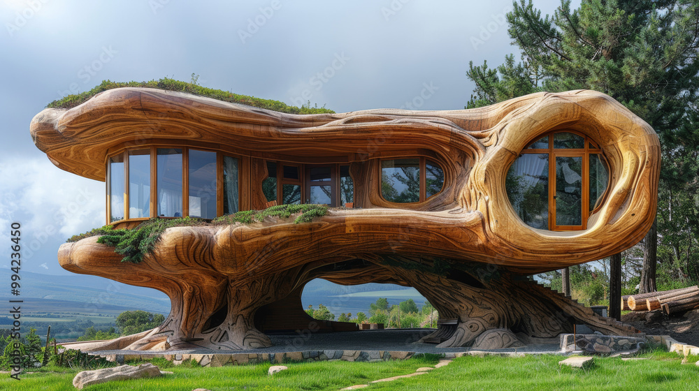 Fototapeta premium A charming wooden log house, featuring rustic architecture and natural textures, surrounded by a serene landscape, evoking a cozy and traditional atmosphere.